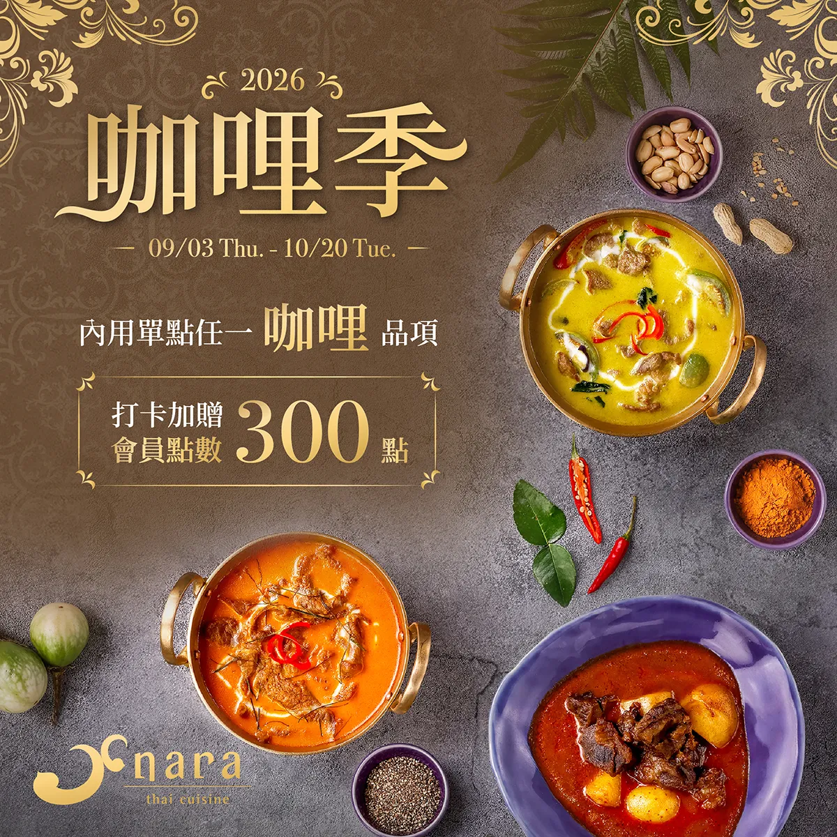 2026 NARA Thai Cuisine 咖哩季活動視覺，內用單點任一咖哩品項打卡加贈會員點數 300 點
